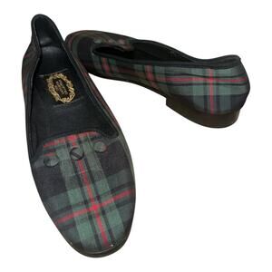 Larkspur Collection Green Plaid Button Detail Loafers Slippers Size 7.5 Vintage!